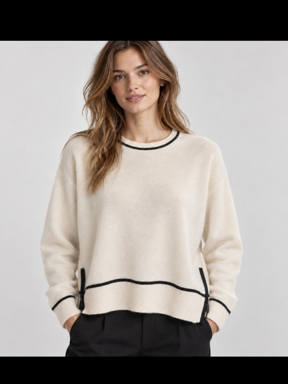 360 Cashmere Cream 100% Cashmere Sweater Black Trim Size S